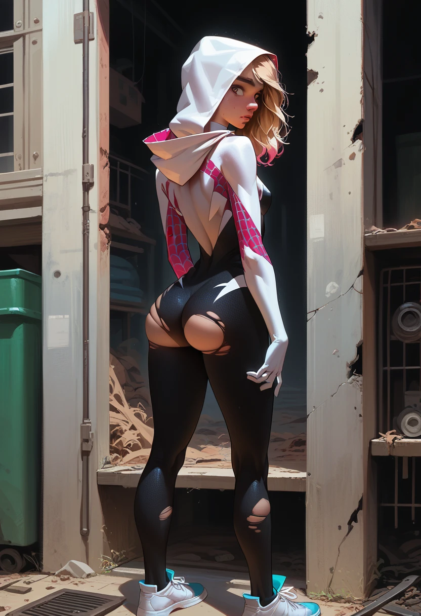 1girl, 18 years old, gwen stacy, small breasts,bigger hips, big ass, spider gwen, standing, new york, torn bodsuit, gray eyes, blondie hair, long hair, ripped on ass bodysuit, white sneakers, hood, detailing face, detailing body, an abandoned factory, HIDING, back view