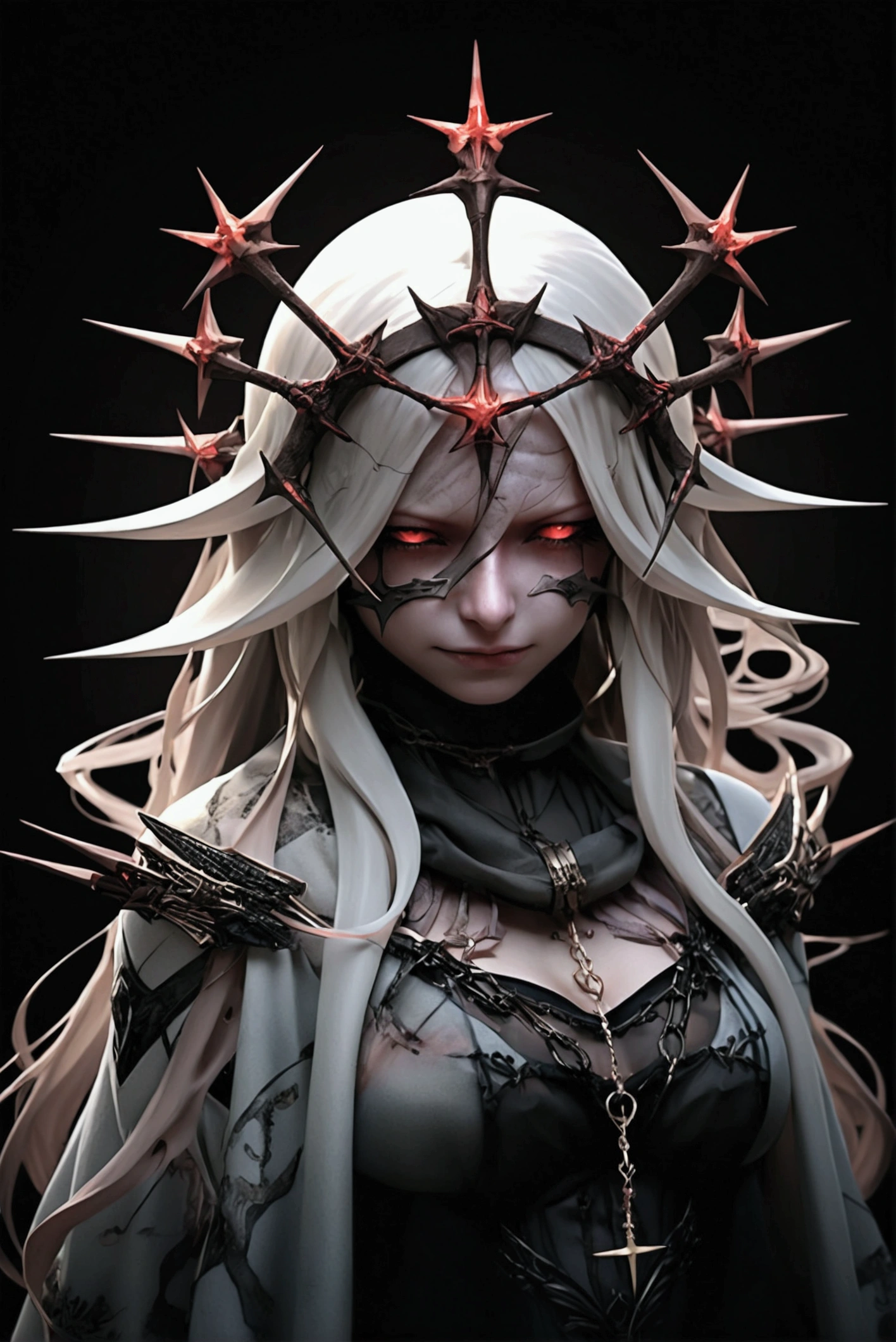 anime devil girl with long white hair, red eyes, pale white skin