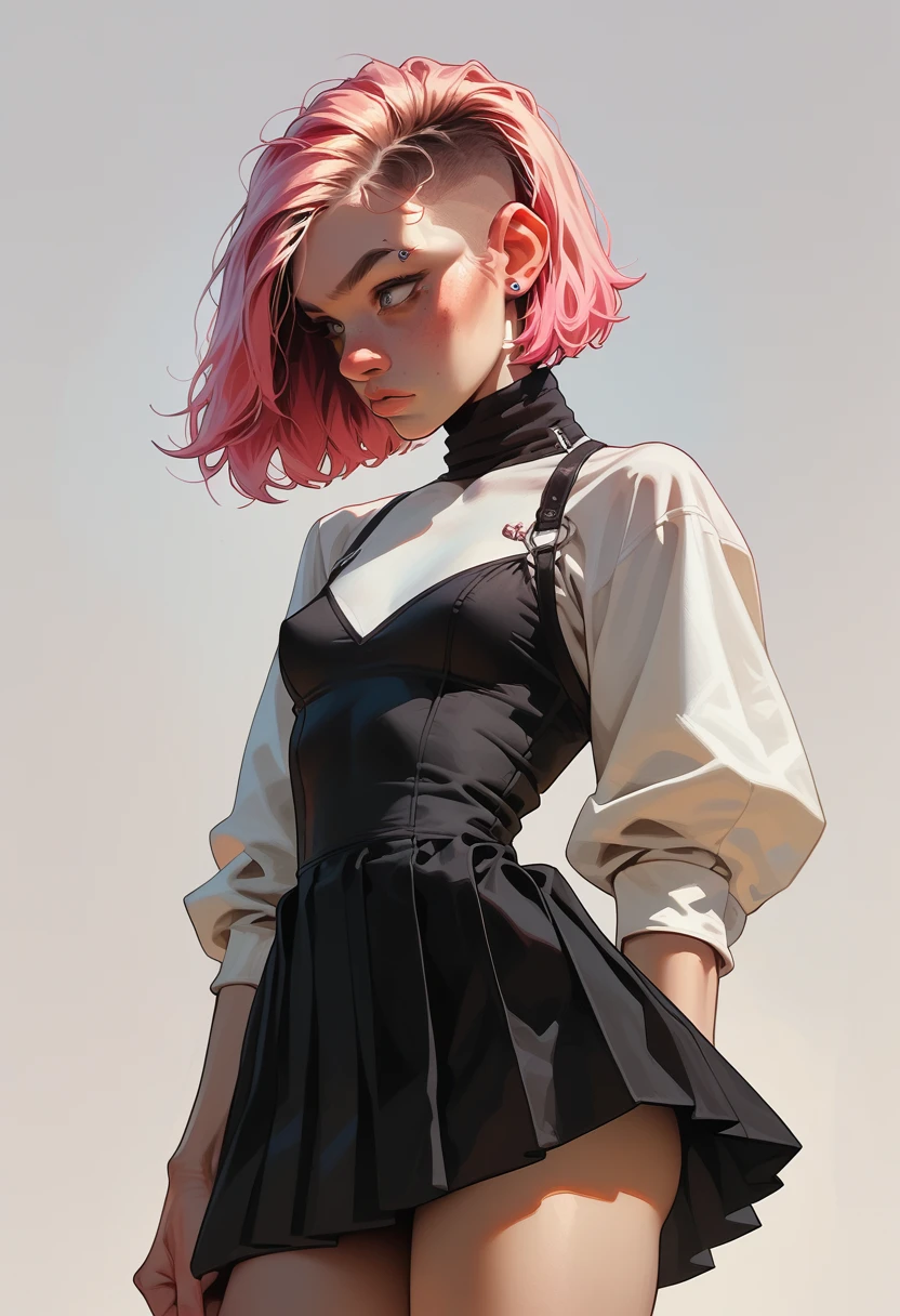 1girl, 18 years old, gwen stacy, small breasts, bigger hips, big ass, lean, standing, gray eyes, pink hair, medium length hair, undercut hair, detailing face, detailing body, lean, dynamic angle, vibrant colors, black dress, pleated skirt, decoration in the hair, makeup, athletic body