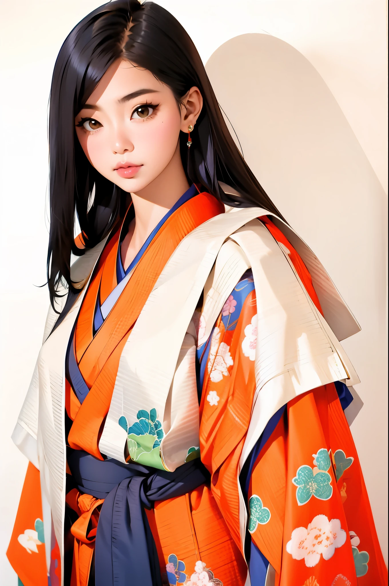 (masterpiece, highest quality:1.2), One girl, (beautiful japanese girl:1.2), juni-hitoe, solo, (upper body), Straight long black hair、hiogi、court crest print, itutuginu, kasanenoirome, munamoto itutugine, sodeguchi itutuginu, suso itutuginnu, detail, Blank background, white background,