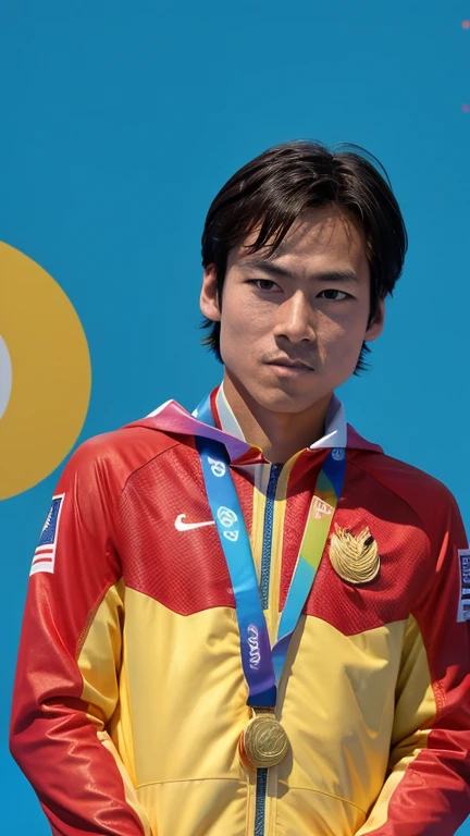 male, alone, (Gold Medalist), (Podium), (Medals), audience, 大きいMedals, Spotlight, Frowning, A moving moment, Flag on background, Olympic logo on background