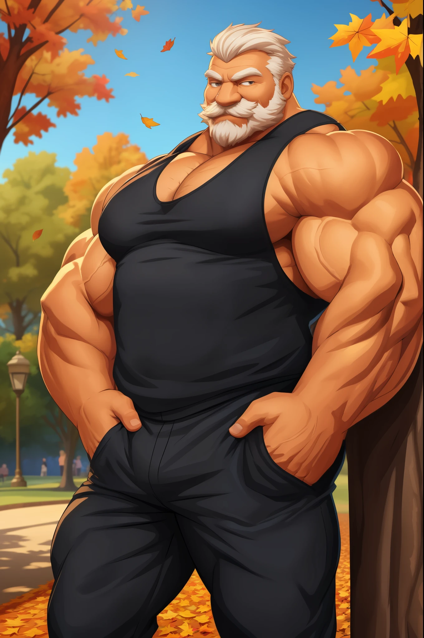 a muscular old man in park, tank top, happy, autumn, suits, vector, mwvector, bokeh, smile, (masterpiece:1.2),(best quality,8k),huge and muscular,thick arms,short hair,white hair,hand on pocket