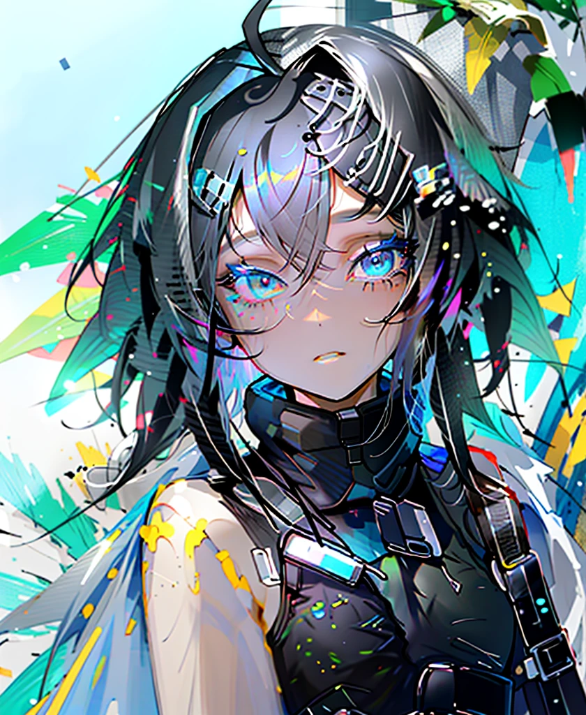 {{masterpiece}}, Highest quality, Highly detailed CG Unity 8k wallpaper, Cinema Lighting, Lens flare, Beautiful details in the eyes, black,  Sideways glance,  Multicolored Hair, colorful light, particle, Heterochromia iridis, (colorful:1.5), (colorful hair:1.5),