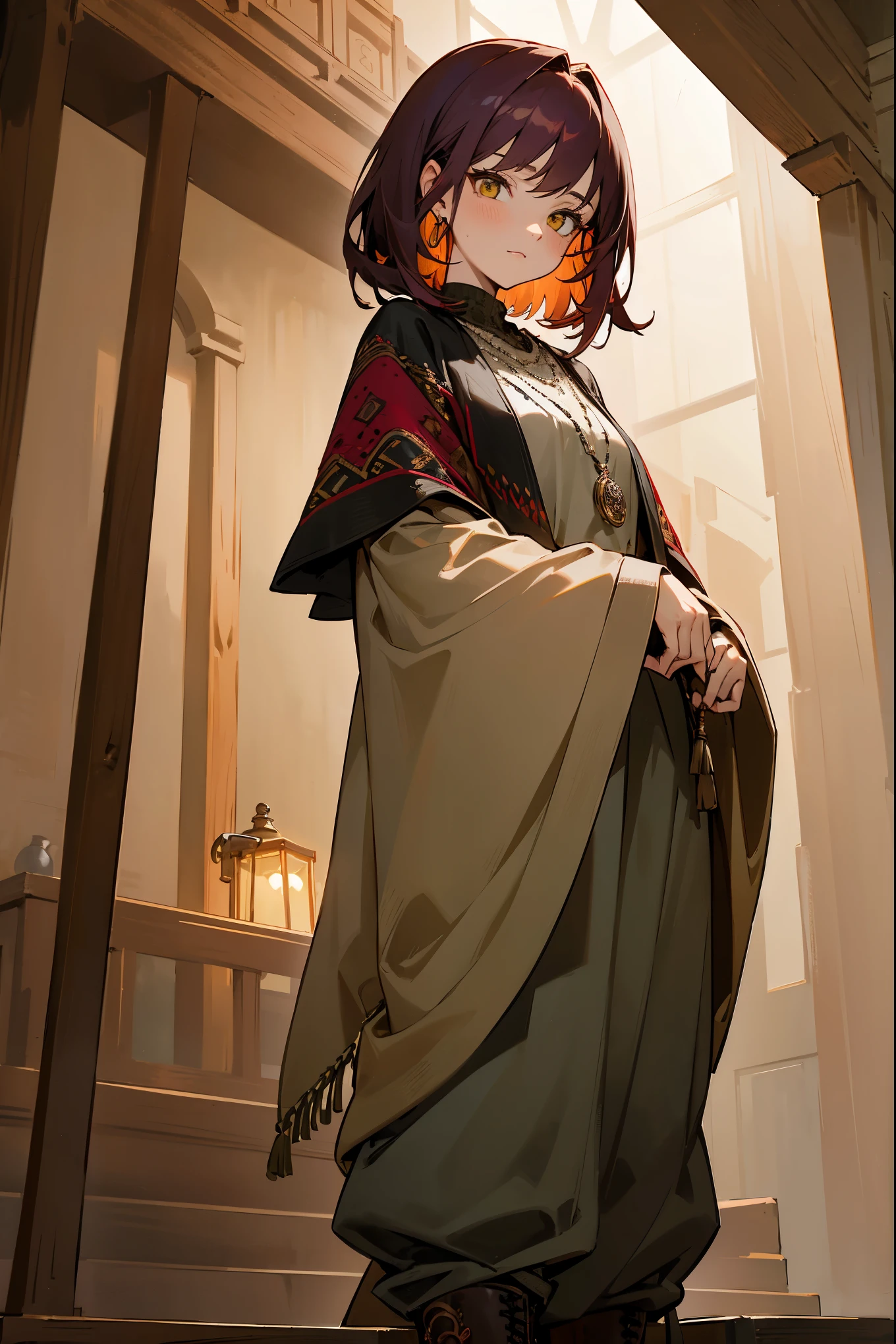 1female, deep maroon hair, styled in a flowing, asymmetrical cut, amber eyes, thoughtful expression, oversized charcoal gray shawl with intricate embroidery, baggy olive green trousers, black ankle boots, a dainty silver pendant necklace, cozy attic background with warm wooden beams and soft lighting, detailed face, hands to side, standing on path
