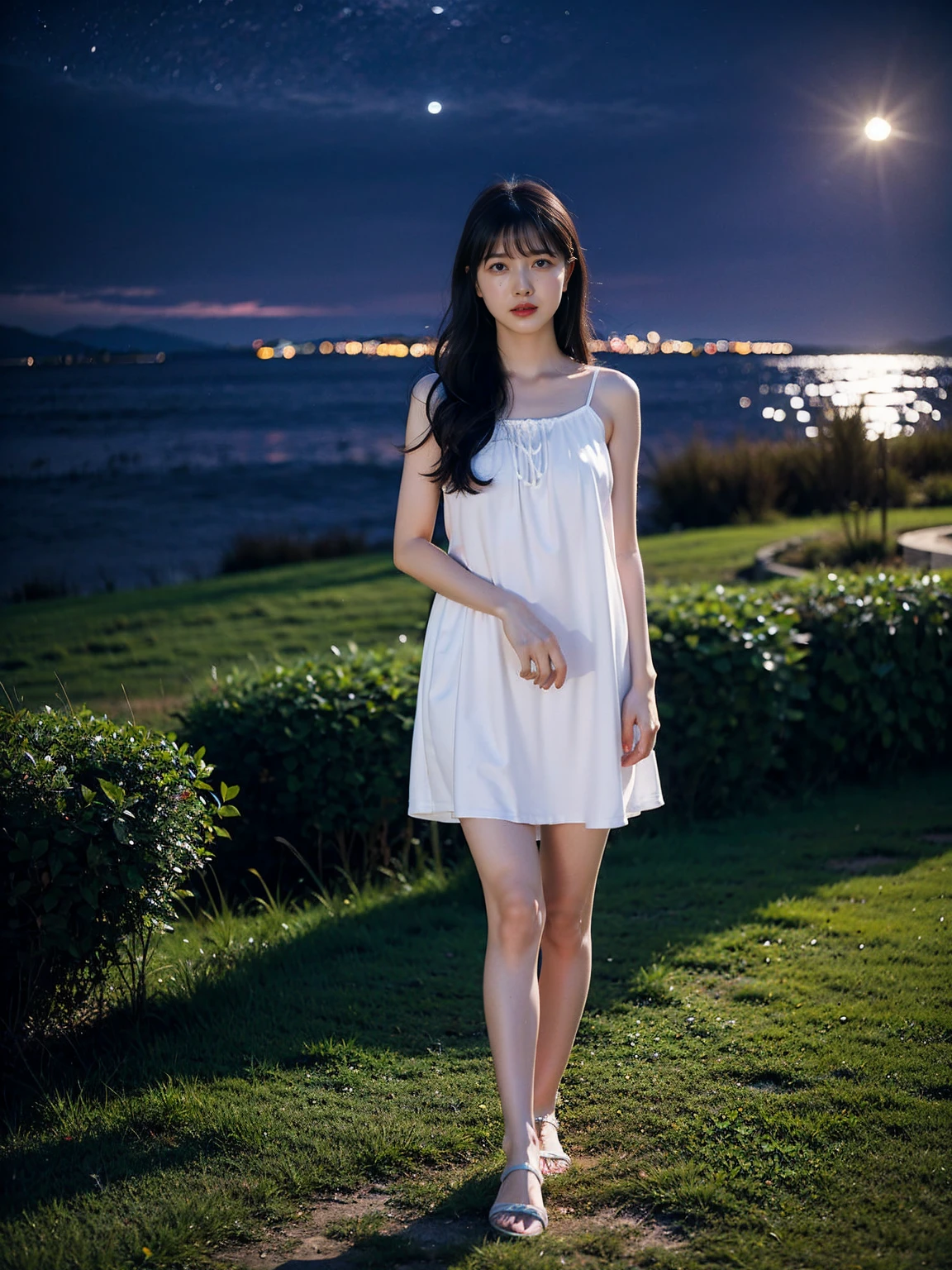 A girl standing on a lawn at night、Woman in nightdress、brown hair、full body photo、There are no structures around、Moonlight night、aurora、masterpiece、highest quality、Super detailed、official art