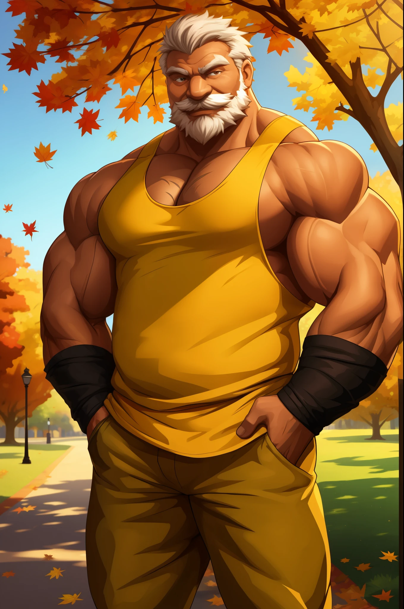 a muscular old man in park, tank top, happy, autumn, suits, vector, mwvector, bokeh, smile, (masterpiece:1.2),(best quality,8k),huge and muscular,thick arms,short hair,white hair,hand on pocket