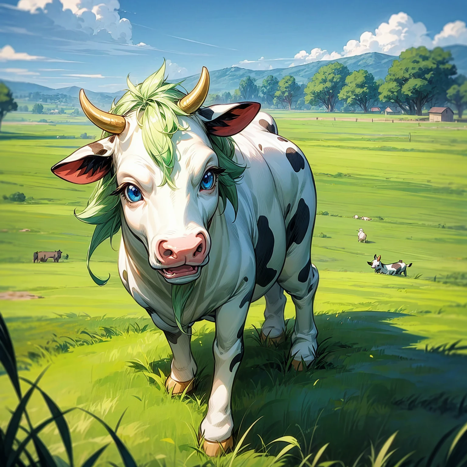 Grassroots, little cow, blue eyes cow, full background green field, (one piece style art)
