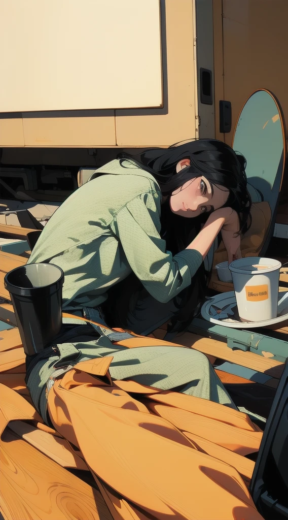 1girl, solo, long hair, looking at viewer, shirt, black hair, sitting, shoes, sleeveless, pants, medium hair, black eyes, black shirt, sleeveless shirt, ground vehicle, yellow pants, orange pants, washing machine