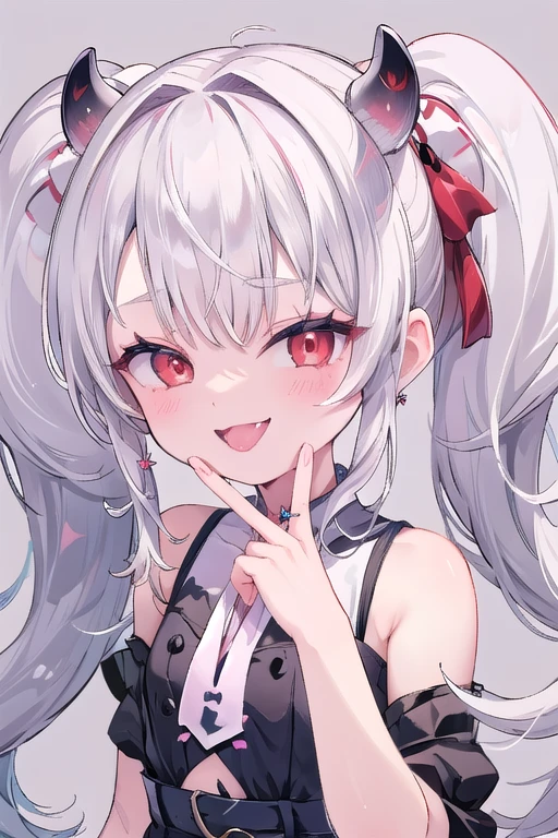 solo,Whole body、(looking back over their shoulder), Young face、long silver Hair、long Twin tails、Spoiled brat、Immature body、(Small breasts)、smile、(Thick thighs:1.5)、red eyes、Backwards、looking at viewer、Open mouth、double teeth、fang、blushing and sticking out her cute tongue, tongue out、sensational、Back view, Character portrait, whole body、hand sign、メイド服、フリルのついた服、little demon's horns and a tail