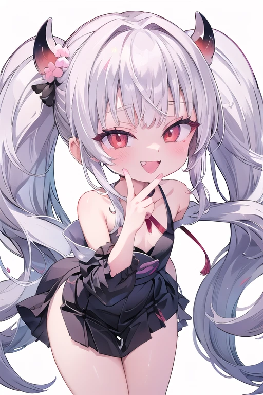 solo,Whole body、(looking back over their shoulder), Young face、long silver Hair、long Twin tails、Spoiled brat、Immature body、(Small breasts)、smile、(Thick thighs:1.5)、red eyes、Backwards、looking at viewer、Open mouth、double teeth、fang、blushing and sticking out her cute tongue, tongue out、sensational、Back view, Character portrait, whole body、hand sign、メイド服、フリルのついた服、little demon's horns and a tail