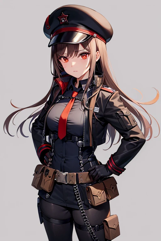 Rapi, Belt Pouch, Hat, Brown hair, Black hat, red necktie, peaked cap, closed mouth, cropped jacket, choker, gloves, neck tie, Black peaked cap, Red gloves, black jacket, utility belt, boots, Open clothes, Black cargo pants, solo, long hair, 1girl, simple background, belt, cowboy  shot, black choker, red eyes, big breasts, long-sleeves, cargo pants, headset mic, radio