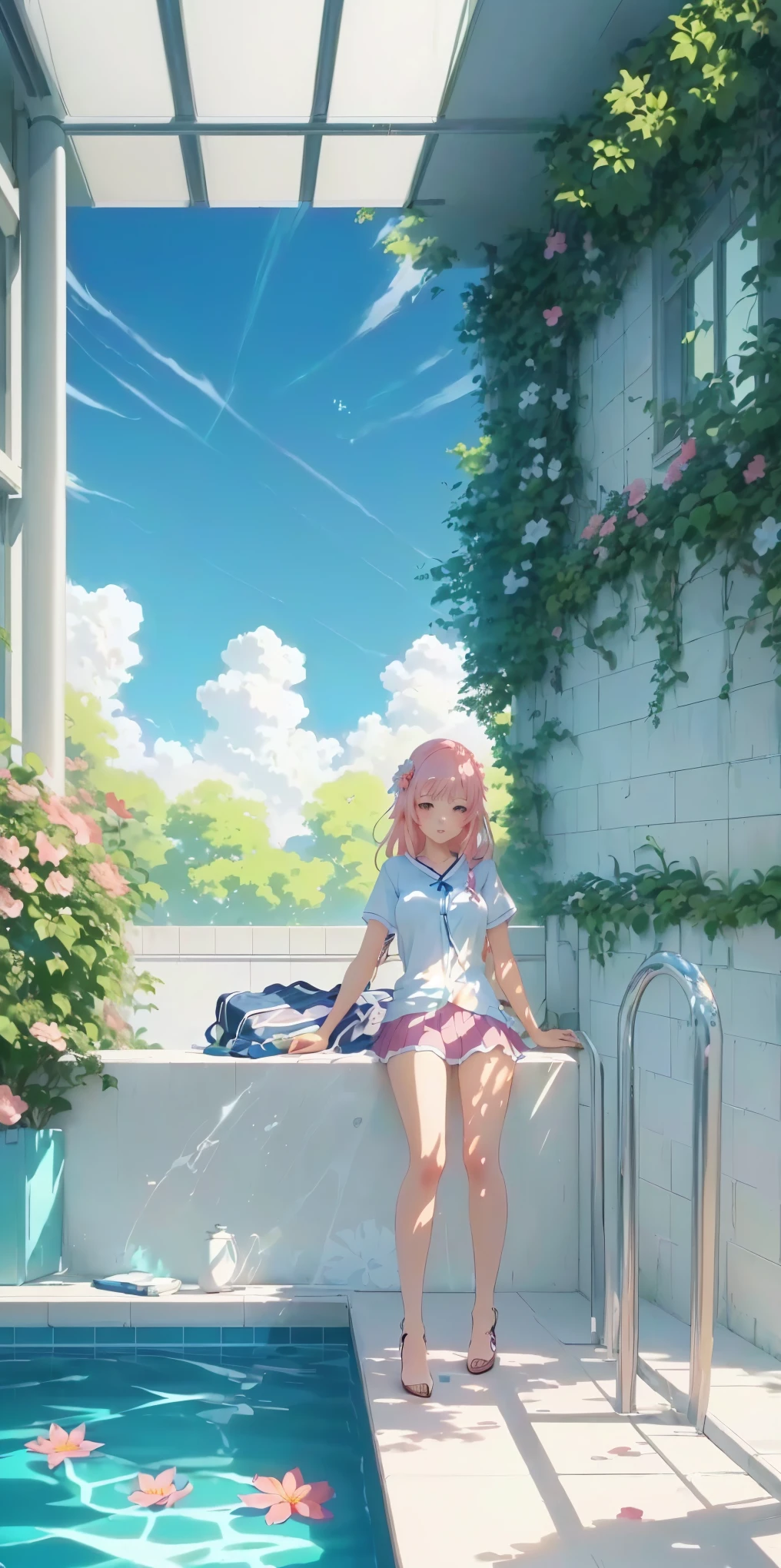 Anime girl sitting on a ledge next to a pool with flowers, Summer Afternoon, 4K Manga Wallpapers, Anime Aesthetics, Anime Background, anime art wallpaper 4k, anime art wallpaper 4k, 4k anime wallpaper, Anime Art Wallpapers 8K, Anime Style 4k, Anime Background art, Anime Aesthetics, anime wallpaper 4k, anime wallpaper 4k, Relaxed atmosphere