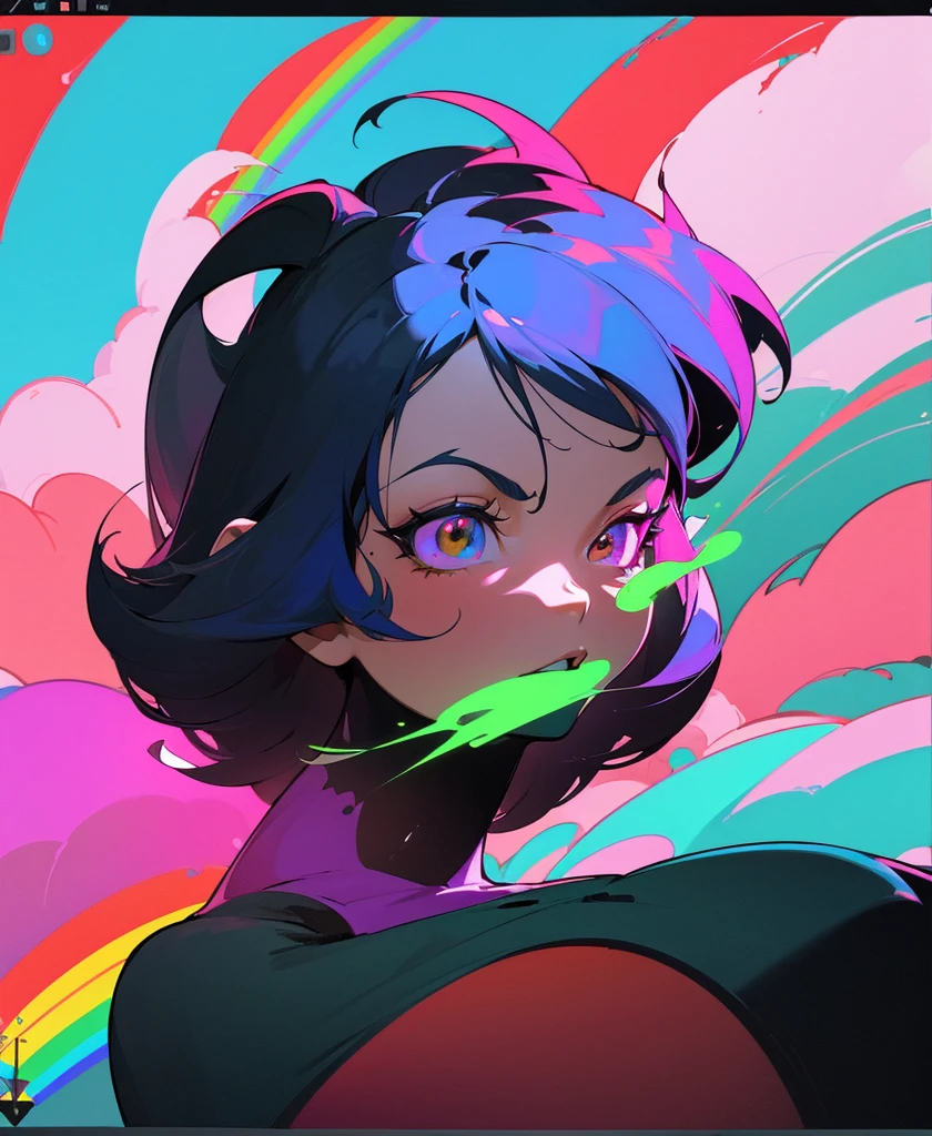 Bold neon colors, A cartoon-style illustration of the UX design process for seeing the world through hallucinations, Stones were thrown at, Splash Art, Neon colors splash, (Rainbow colored smoke) ((Motion Effect)), Highest quality, Wallpaper Art, Ultra-high resolution, Centered Images, M Schiffer Art, ((Flat Color)), (Cel-shaded style) very Bold neon colors, ((High saturation)) Incline, Psychedelic environment