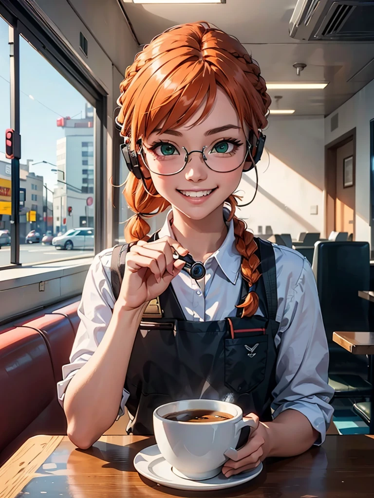 point of view across table, sitting, orange hair, one braid, headset, orange safety glasses, green eyes, military clothing, bulletproof vest, looking at viewer, happy, smiling, teeth, cute lips, 
inside, diner, table, window,big cup of warm coffee, extreme detail, masterpiece,beautiful quality