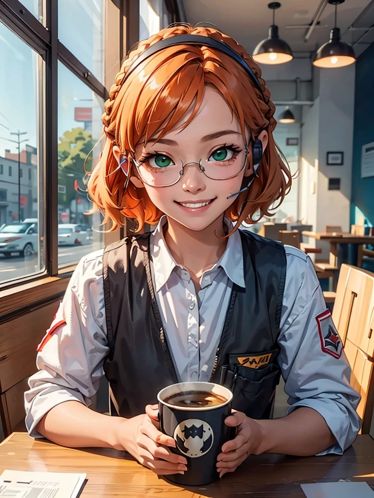 point of view across table, sitting, orange hair, one braid, headset, orange safety glasses, green eyes, military clothing, bulletproof vest, looking at viewer, happy, smiling, teeth, cute lips, 
inside, diner, table, window,big cup of warm coffee, extreme detail, masterpiece,beautiful quality