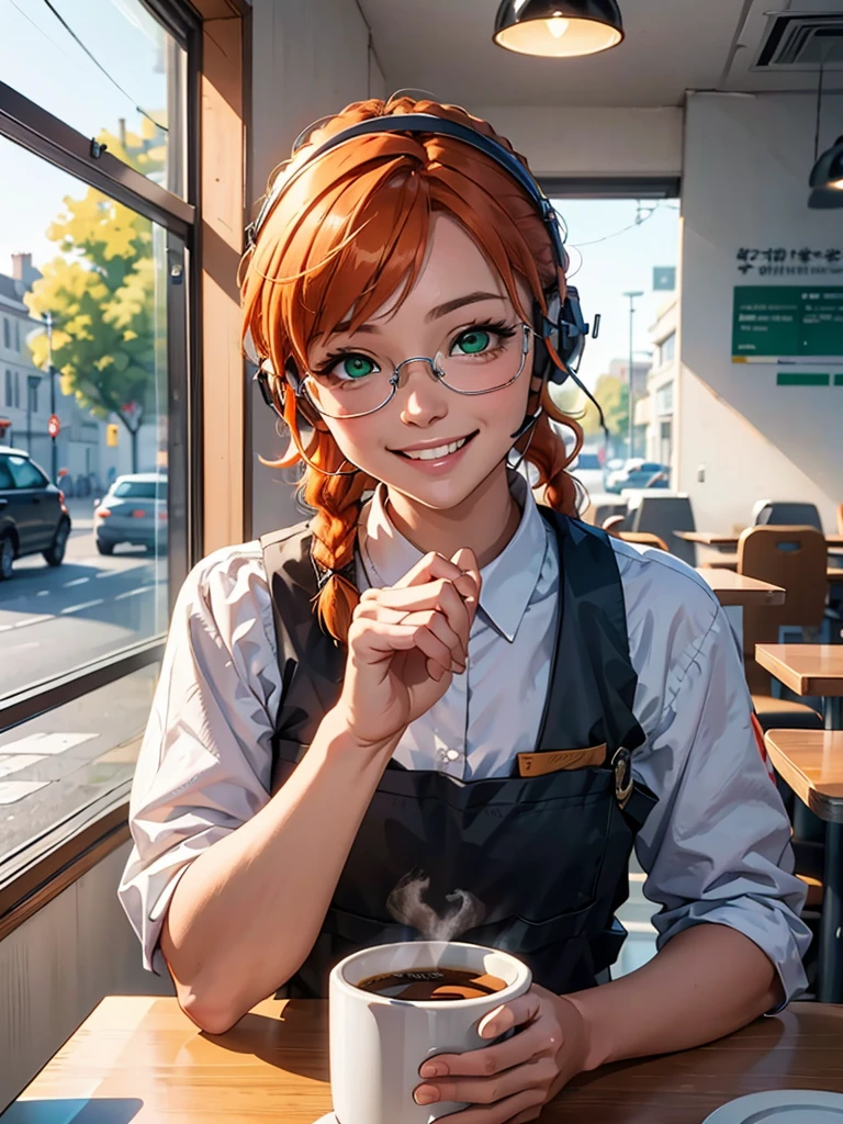 point of view across table, sitting, orange hair, one braid, headset, orange safety glasses, green eyes, military clothing, bulletproof vest, looking at viewer, happy, smiling, teeth, cute lips, 
inside, diner, table, window,big cup of warm coffee, extreme detail, masterpiece,beautiful quality