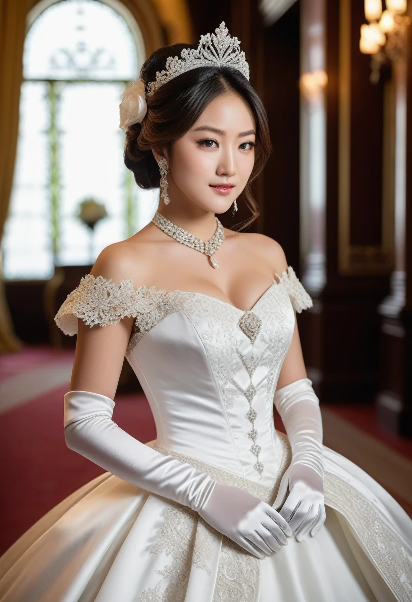 1girl, solo, (masterpiece), best quality, expressive eyes, perfect face, karen fukuhara, modeling in a majestic, indoor palace setting, adorned in a shimmering white satin bridal gown boasting a voluminous princess skirt, an elongated trail, a harmoniously fascinating veil, and an intricately laced and diamond-encrusted bodice with a bow. Victorian style wedding gown with lace, frills and ribbons. Elaborate victorian updo hairstyle. ribbon belt on waist, Crowning her head is a princess's tiara, while diamond earrings and necklace sparkle in contrast with the white satin of her elbow-length opera gloves, realistic, 4k, hd, detailed, perfect anatomy, perfect hands, perfect face