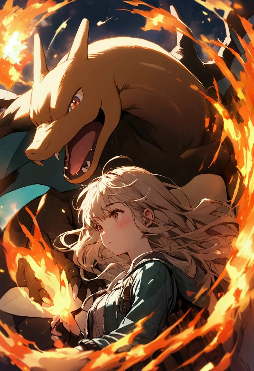 A girl playing with Charizard, Charizard is Brave and cool