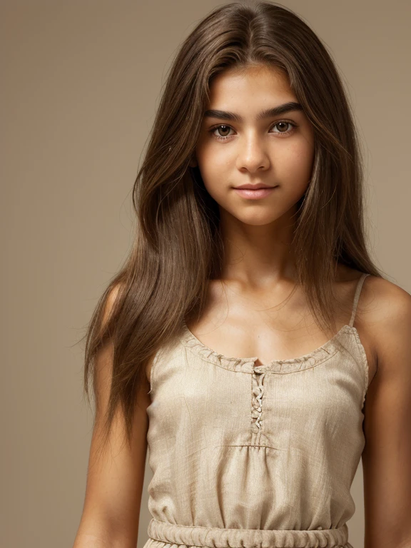 A 12-year-old age girl with rudimentary hair growth throughout the skin((hypertrichosis)); Homo erectus; (((русская юная ДЕВОЧКА 12 лет с hypertrichosisом))), (whole body покрыто короткой коричневой шерстью:1.3), thick eyebrows, deep-set realistic expressive brown eyes, wide flat nose, extremely shaggy thick straight long brown hair on the head, slight hair growth throughout the body like a monkey, proportionate, developed physique, beautiful face covered with short hair, flat chest, TeenPhysique); whole body, neutral background, linen sundress, bare feet, Standing pose, (((Neanderthal girl))), beautiful young furry face, Fairly proportionate build for a 12 year old boy, rudimentary hair growth of the skin((hypertrichosis))