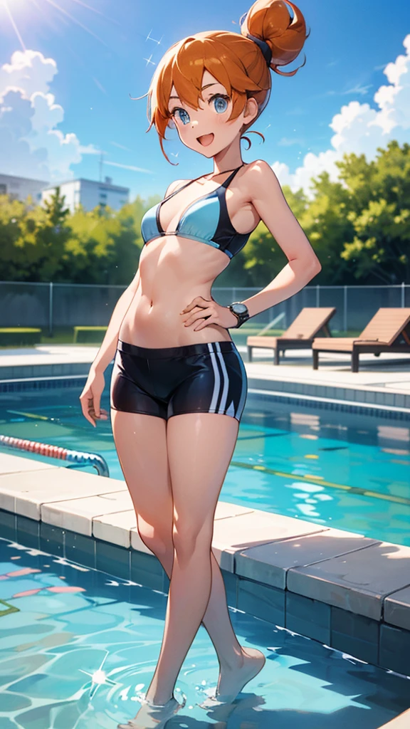 1 girl, masterpiece, best quality, highres, ro1, Misty from pokemon, hair bun, blue eyes, bikini top, blue bicycle shorts, small ponytail on the side, wristwatch, standing, hand on hip, smile, open mouth, (sparkle:1.1), orange hair, medium breasts, 3/4 body view, outdoors, swimming pool