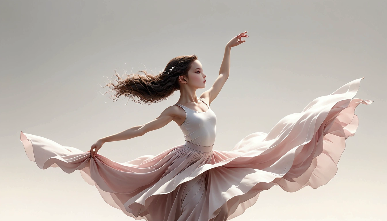 Dance photography;A dancer,Solitary;A dancing ;Long skirt,Plain style,Gray pink and white gradient,Traditional style,Smudged skirt hem;Dance beautifully;elegant,Flexible skirt;Long hair。Body ratio 1:7,front; Simple style;Minimalism。White background,Pure white background;Panoramic photography;Depth of Field, Extraordinary details, masterpiece, high quality, 4K,cinematic lighting, motion blur, depth of field, sparkle, ray tracing, reflection light, anatomically correct, uhd, textured skin, best quality, super detail, highres, high details, accurate, high quality, award winning