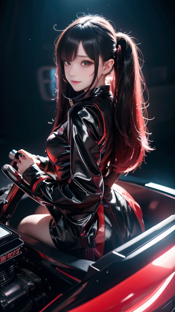 high resolution,8k,1女の子のDetailed, Cyberpunk Costume,Only black clothing,The costume is shiny,Shiny red long hair,8k,Detailed目,8k, Detailed,The background is white,Riding a racing kart,Have a handle,The bike is heading this way