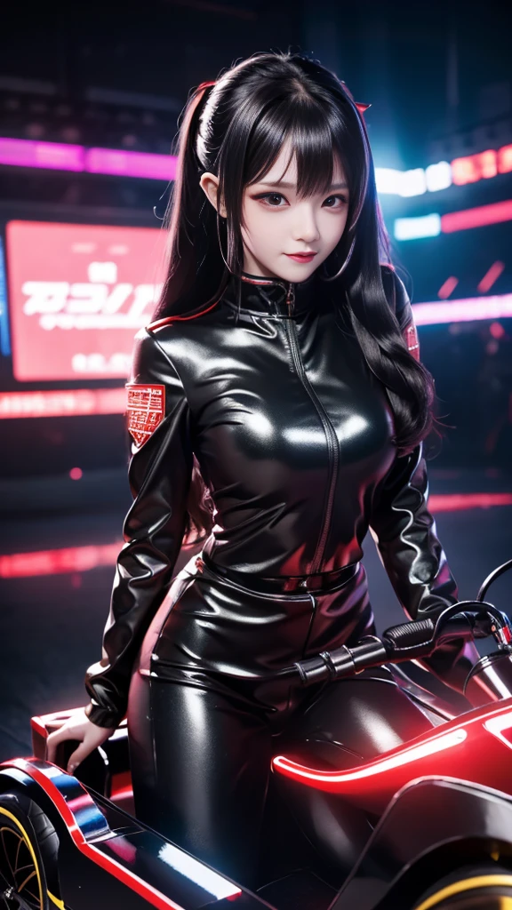 high resolution,8k,1女の子のDetailed, Cyberpunk Costume,Only black clothing,The costume is shiny,Shiny red long hair,8k,Detailed目,8k, Detailed,The background is white,Riding a racing kart,Have a handle,The bike is heading this way