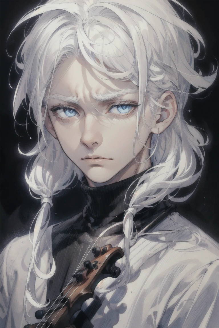 ((1 boy)), detaile close portrait, (long straight white hair), loose hair, (Hair closes the eyes), big Blue eyes, long eyelashes, beautiful detailed eyes, modest, quiet, lonely, An anxious look, upset, black soft sweater, soft light, beautiful detailed face, 8K, masterpiece, dark background, details on the background