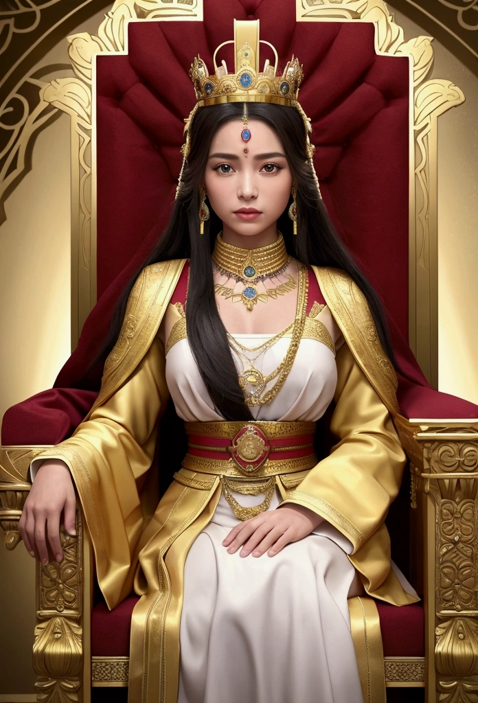 "Create a cinematic and realistic scene in the style of the Inca Empire, depicting the legendary golden city of El Dorado. The main focus is a young, beautiful queen, a 17-year-old Japanese-Inca mix, wearing a magnificent golden dress and a crown, sitting on a golden throne at the top of a grand staircase. She gazes down at her subjects with a commanding and regal expression. The entire scene is bathed in gold, with sparkling highlights emphasizing the richness of the setting. Below the throne, a line of subjects dressed in traditional Incan attire stand in reverence. The background showcases the splendor of the golden city, reinforcing the opulence and grandeur of the queen’s coronation. The composition should be a front-facing long shot, capturing the full-body view of the queen on her throne, with the subjects clearly visible below, highlighting the majestic and ceremonial atmosphere of the new queen’s ascension to the throne. Ultra-realistic, highly detailed 3D rendering with vibrant colors, creating an epic moment worthy of a fantasy movie."