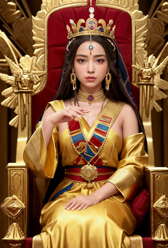 "Create a cinematic and realistic scene in the style of the Inca Empire, depicting the legendary golden city of El Dorado. The main focus is a young, beautiful queen, a 17-year-old Japanese-Inca mix, wearing a magnificent golden dress and a crown, sitting on a golden throne at the top of a grand staircase. She gazes down at her subjects with a commanding and regal expression. The entire scene is bathed in gold, with sparkling highlights emphasizing the richness of the setting. Below the throne, a line of subjects dressed in traditional Incan attire stand in reverence. The background showcases the splendor of the golden city, reinforcing the opulence and grandeur of the queen’s coronation. The composition should be a front-facing long shot, capturing the full-body view of the queen on her throne, with the subjects clearly visible below, highlighting the majestic and ceremonial atmosphere of the new queen’s ascension to the throne. Ultra-realistic, highly detailed 3D rendering with vibrant colors, creating an epic moment worthy of a fantasy movie."