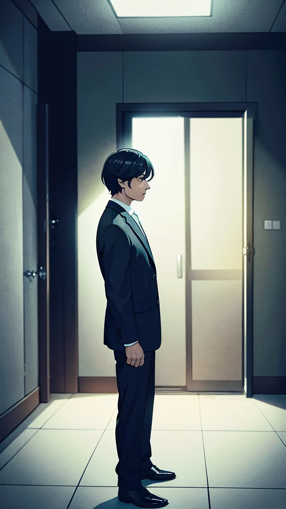 The man stands alone in a stark and bare room, his handsome features dimly lit by the overhead light. His expression is solemn and introspective, suggesting that he's deep in thought. He's dressed smartly and well-groomed, but his loneliness is evident in the empty, lifeless space around him. The photo is shot in soft, warm tones, giving the image a melancholic and contemplative feel.