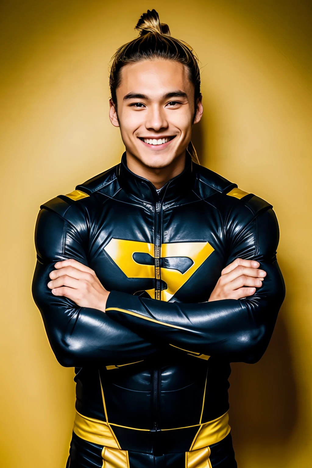 Man dressed in the Wolverine superhero costume, yellow and black, Japanese, 21 years old, young, blonde, man bun hairstyle, crossed hands, smiling