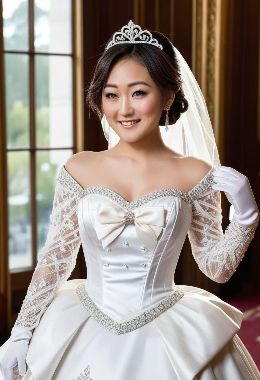 1girl, solo, (masterpiece), best quality, expressive eyes, perfect face, karen fukuhara, modeling in a majestic, indoor palace setting, adorned in a shimmering white satin bridal gown boasting a voluminous princess skirt, an elongated trail, a harmoniously fascinating veil, and an intricately laced and diamond-encrusted bodice with a bow. Victorian style wedding gown with lace, frills and ribbons. Elaborate victorian updo hairstyle. ribbon belt on waist, Crowning her head is a princess's tiara, while diamond earrings and necklace sparkle in contrast with the white satin of her elbow-length opera gloves, realistic, 4k, hd, detailed, perfect anatomy, perfect hands, perfect face