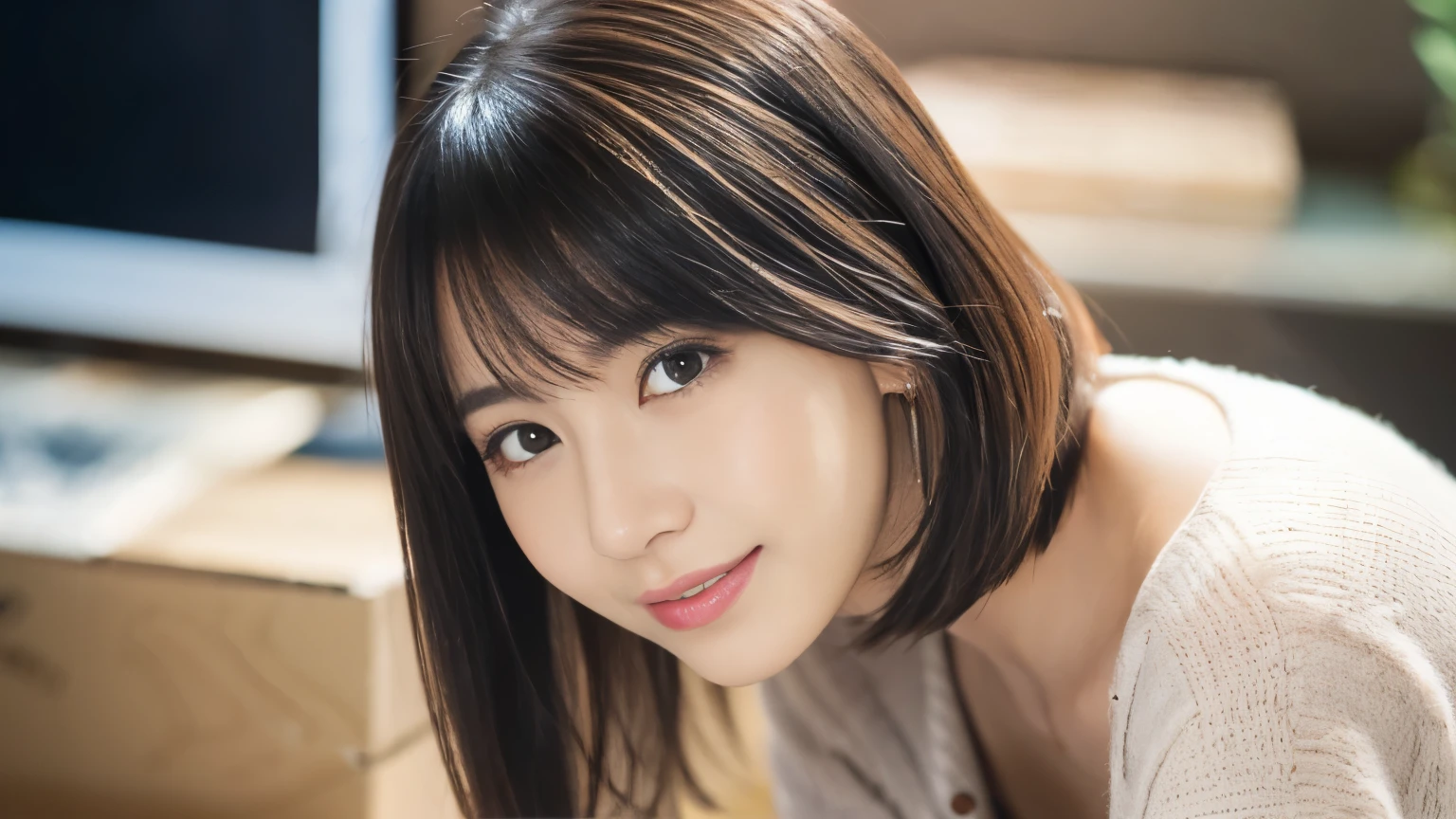 (Masterpiece), (Top quality: 1.5), (16k wallpaper: 1.2), (Realistic: 1.2), (Very detailed: 1.2), (Ultra high resolution: 1.2), (Surreal), (High resolution), (Very detailed), (Professional), (Realistic), (Post-processing), (Very detailed), (Sharp focus), Sharp Focus: 1.2, photorealistic, ultra-realistic, backlit, bright light, (improved quality: 1.4), healthy thighs, toned waist, large buttocks, (beautiful legs), ((perfectly detailed 5-fingered hands)), (anatomically correct body), ((1 woman: 1.4)), realistic Skin, ( (Small box: 1.4)), Beautiful woman with perfect body shape: 1.4, (Frontal view: 1.5)), (Enhanced skin texture beauty: 1.1)), (Beautiful fine grain), (Detailed face), Beautiful realistic face, no make-up, beautiful dark hair, super beauty, great smile, natural coloured lips, matching fringes, ((23-year-old woman)), Long hair, bangs, windswept hair, (dark hair, irises, teary eyes, shining eyes, short bob cut hair, small earrings, slight reddish tinge), hair behind ears, no make-up, (droopy eyes), droopy eye corners, she is a web designer, uses her computer, bangs, fine grain, shining eyes, detailed Fingers, Wearing a cardigan, Skirt, At work, This office is a bright place with a creative atmosphere. Features:, natural light, colourful, modern interior, new equipment