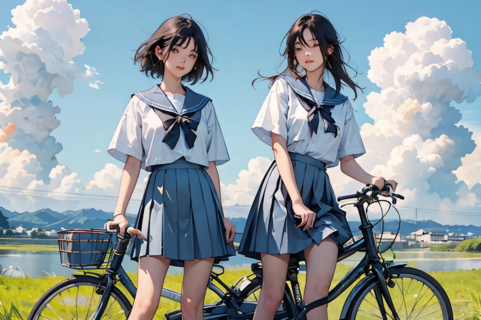 Two girls and two bicycles、(Two girls on bicycles riding side by side:1.2)、Beautiful 17 year old Japan woman、Hair color is black、black eye、Medium Hair、short hair、Straight hair、smile、slender but well-proportioned body,、They both wear the same uniform、Sailor suit、Short sleeve、White pleated skirt、Short skirt、Wear loafers、School Bags、summer、countryside、Long concrete road、A little overgrown grass、electric wire、Beautiful blue sky and white cumulonimbus clouds、Beautiful sea、Birds are flying、Highest quality、detailed、