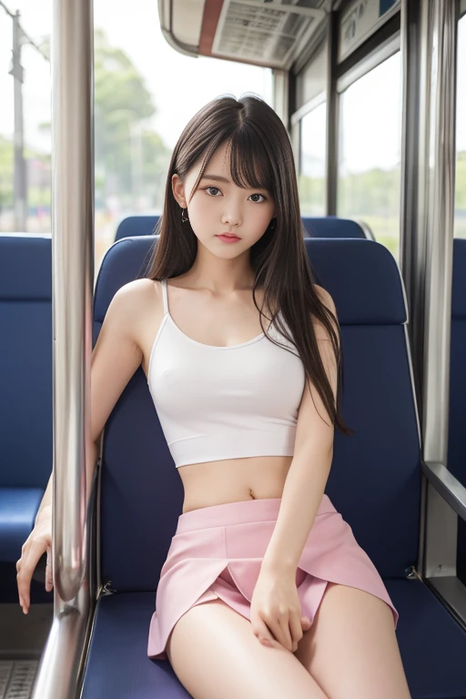 (((Leg spread)))、I'm on both knees、Kneel、The stock is publicly traded、M-shaped Regini Skirt、belly button、A thin pink mini skirt that shows off her panties、Vulgarity、Obscene、Ecstasy、(masterpiece、Highest quality:1.2)、8k、A 17-year-old student sits alone on a park bench.、85mm、Official Art、RAW Photos、Confused、(((Thin, Snug-fitting white tank top)))、Upper body portrait from the knees up、violet、Gardenia、beautiful girl、、Ultra-thin waist、Thighs, Thighs, Thighs, Thighs、Short sleeve、Inside the train、sit on bench seat、Audience'Perspective、funny Face、Heavy makeup、Heavy makeup、(smile:0.4)、Film Grain、chromatic aberration、Sharp focus、Detailed face、Background blur、Whole Body Ezbian、(((Raise your arms above your head)))、Beautiful armpits