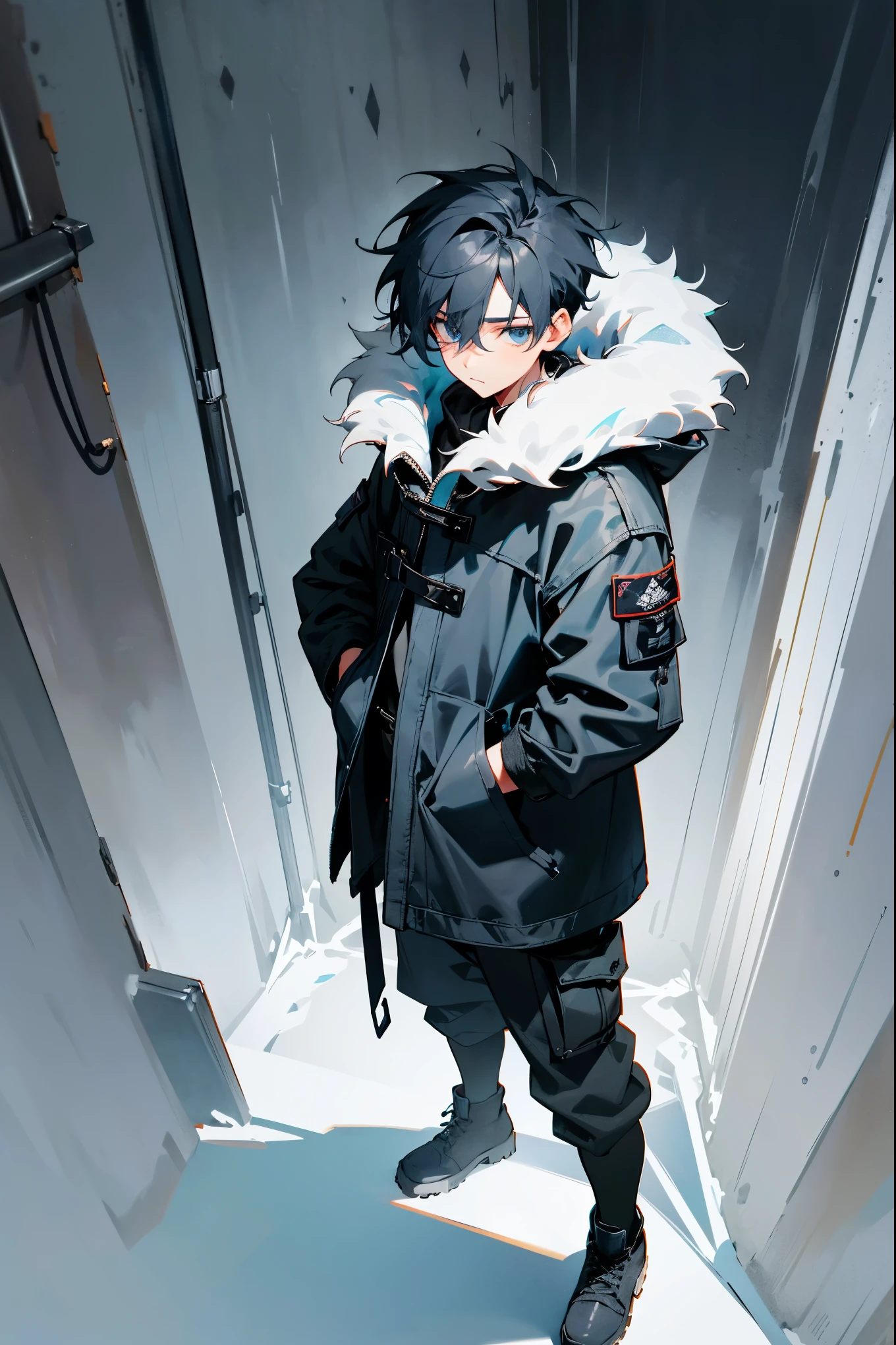 1male, dark gray hair, styled in a messy, layered cut, icy blue eyes, introspective expression, oversized navy blue parka with a faux fur hood, baggy black cargo pants, durable hiking boots, a minimalistic silver chain, industrial warehouse background with exposed brick walls and large windows, detailed face, hands to side, standing on path