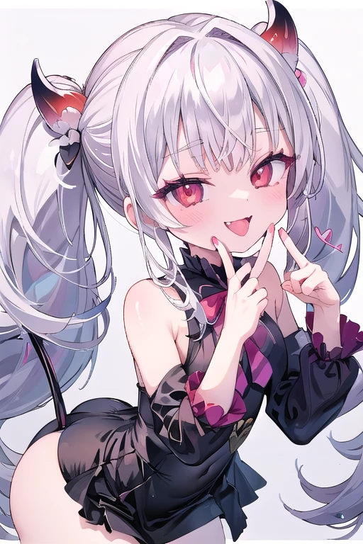 solo,Whole body、(looking back over their shoulder), Young face、long silver Hair、long Twin tails、Spoiled brat、Immature body、(Small breasts)、smile、(Thick thighs:1.5)、red eyes、Backwards、looking at viewer、Open mouth、double teeth、fang、blushing and sticking out her cute tongue, tongue out、sensational、Back view, Character portrait, whole body、hand sign、メイド服、フリルのついた服、little demon's horns and a tail、Slanted eyes、big Buttocks