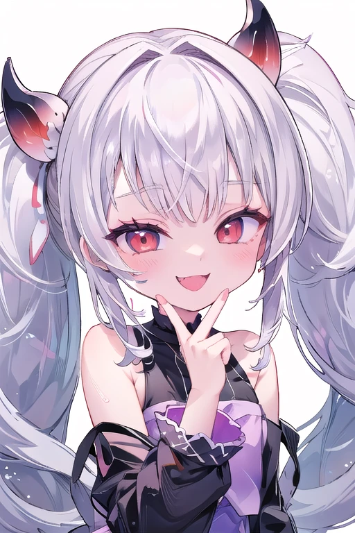 solo,Whole body、(looking back over their shoulder), Young face、long silver Hair、long Twin tails、Spoiled brat、Immature body、(Small breasts)、smile、(Thick thighs:1.5)、red eyes、Backwards、looking at viewer、Open mouth、double teeth、fang、blushing and sticking out her cute tongue, tongue out、sensational、Back view, Character portrait, whole body、hand sign、メイド服、フリルのついた服、little demon's horns and a tail、Slanted eyes、big Buttocks