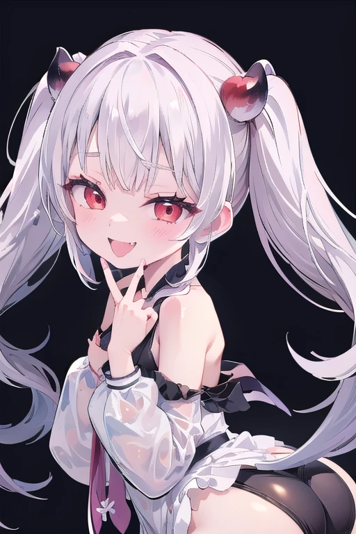 solo,Whole body、(looking back over their shoulder), Young face、long silver Hair、long Twin tails、Spoiled brat、Immature body、(Small breasts)、smile、(Thick thighs:1.5)、red eyes、Backwards、looking at viewer、Open mouth、double teeth、fang、blushing and sticking out her cute tongue, tongue out、sensational、Back view, Character portrait, whole body、hand sign、メイド服、フリルのついた服、little demon's horns and a tail、Slanted eyes、big Buttocks