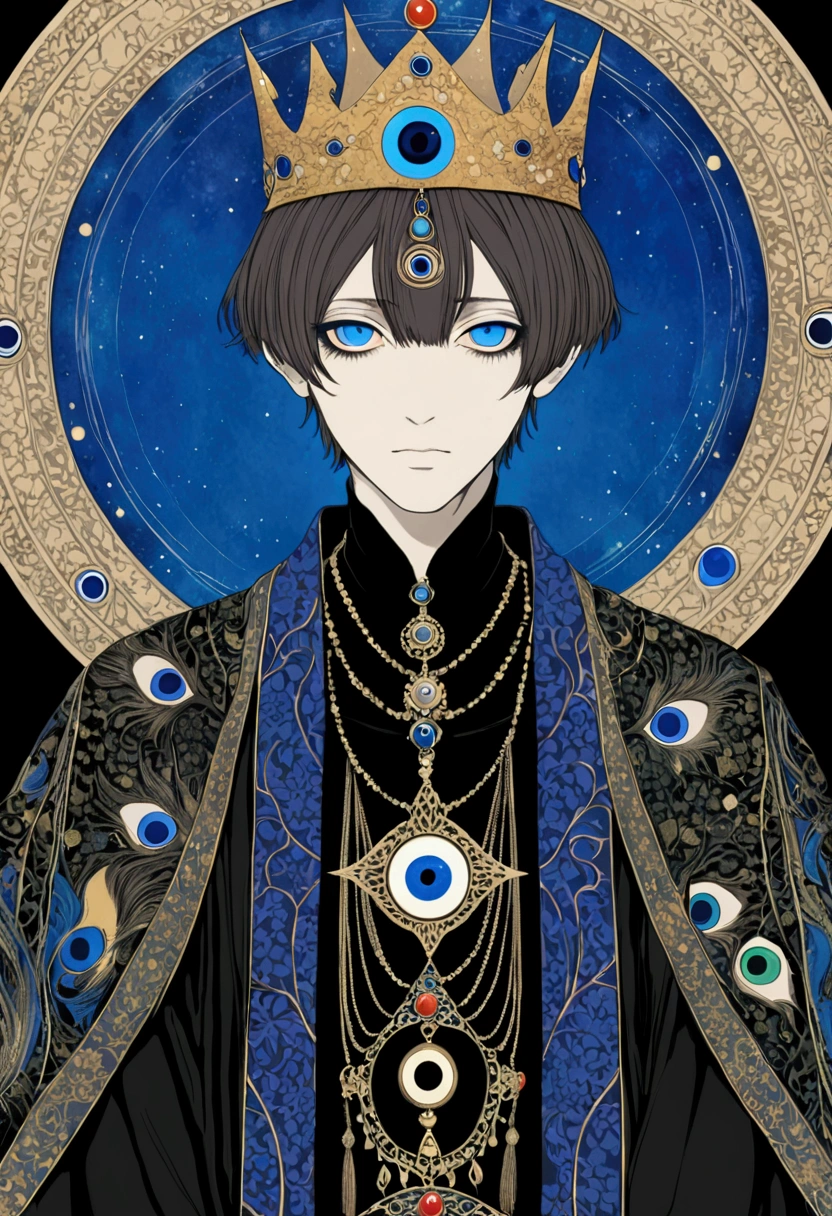 (((Harry Clark (Harry Clarke) style,圣地亚哥·卡鲁索style))),(((Third Eye Vision。king,crown,short hair,3d,Dark eyeshadow,whole body,robe))),Wide Angle,Black and blue,Solid color background