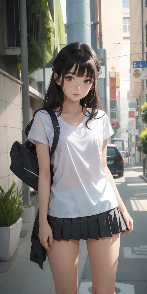 Silky skin and glowing cheeks、Snow-white skin、Cheek skin glow、A very beautiful and adorable 18 year old girl、((Long bangs that extend from between the eyes to the nose,))、Beautiful and cute young woman with super long, shiny, silky black hair、Very beautiful pale blue eyes、Transparent double eyelids、Bright expression、School uniforms、Japanese Sailor Suit、Drinking a plastic bottle of mineral water