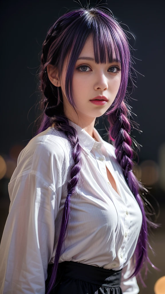 background（black night sky，Big Moon），Close-up photo of a woman，Wear a white shirt.、purple hair，My hair is very long.，very thick braid，purple eyes，big ， realistic girl performance, German art bokeh 8k, charming young woman, real woman, Gurwitz, Gurwitz-style artwork, Girl&#39;s role play, Realistic 3D style, cgstation popular topics,, 8K vertical rendering,（truth，truth：1.4），Wear pink pajamas.，巨big ，sparkling eyes，purple eyes