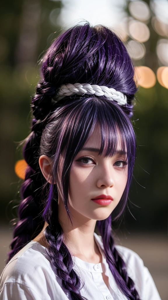background（black night sky，Big Moon），Close-up photo of a woman，Wear a white shirt.、purple hair，My hair is very long.，very thick braid，purple eyes，big ， realistic girl performance, German art bokeh 8k, charming young woman, real woman, Gurwitz, Gurwitz-style artwork, Girl&#39;s role play, Realistic 3D style, cgstation popular topics,, 8K vertical rendering,（truth，truth：1.4），Wear pink pajamas.，巨big ，sparkling eyes，purple eyes