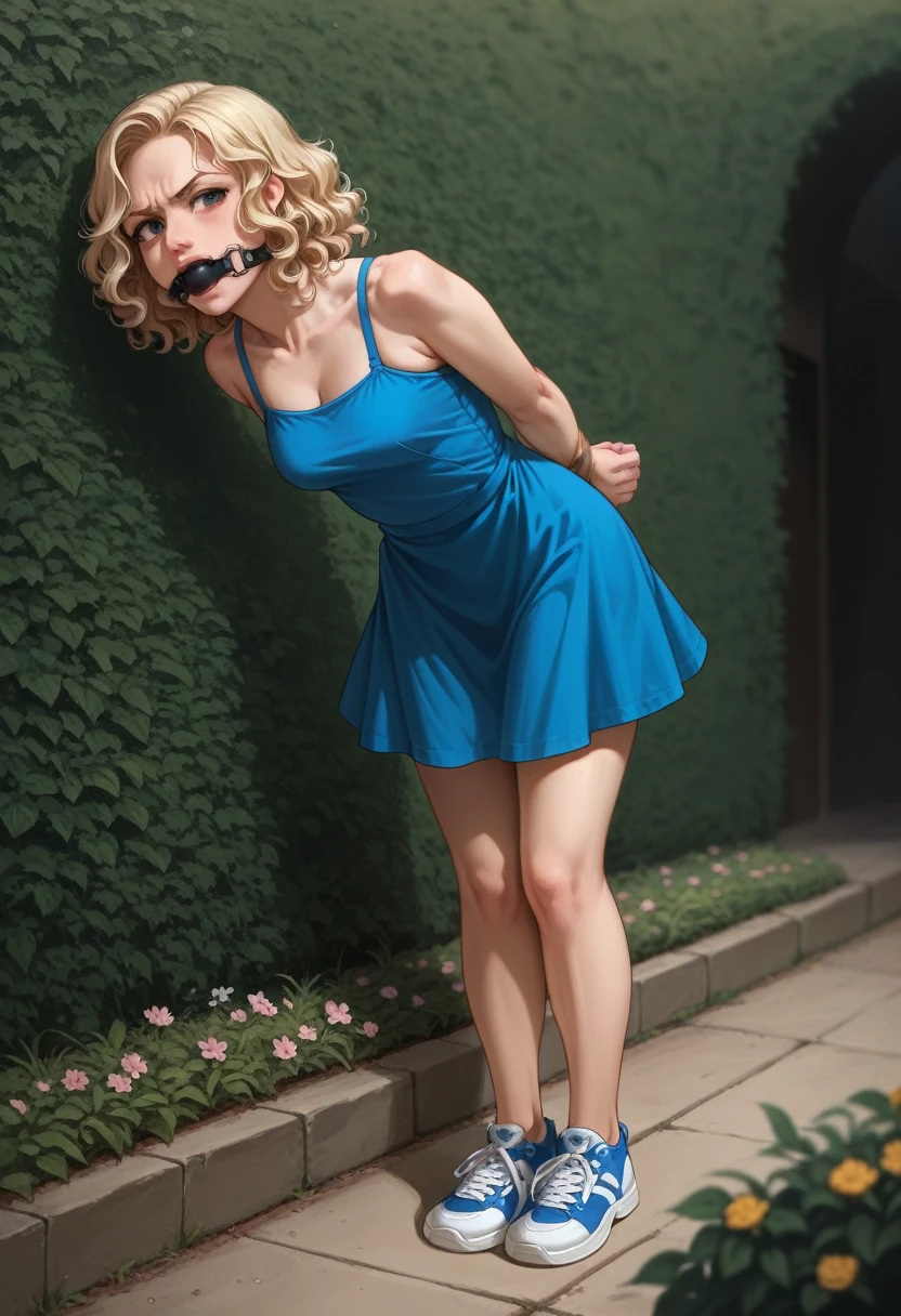 1girl, angry face, masterpiece, best quality, highly detailed, ((blue summer dress, short dress, oversize dress, cute dress, flower dress)),((sneakers, white sneakers, sports sneakers)), ((curly hair), (blond hair)):1.5), (hogtied&gagged, hogtied, gagged), ((full body:1.5)), in garden