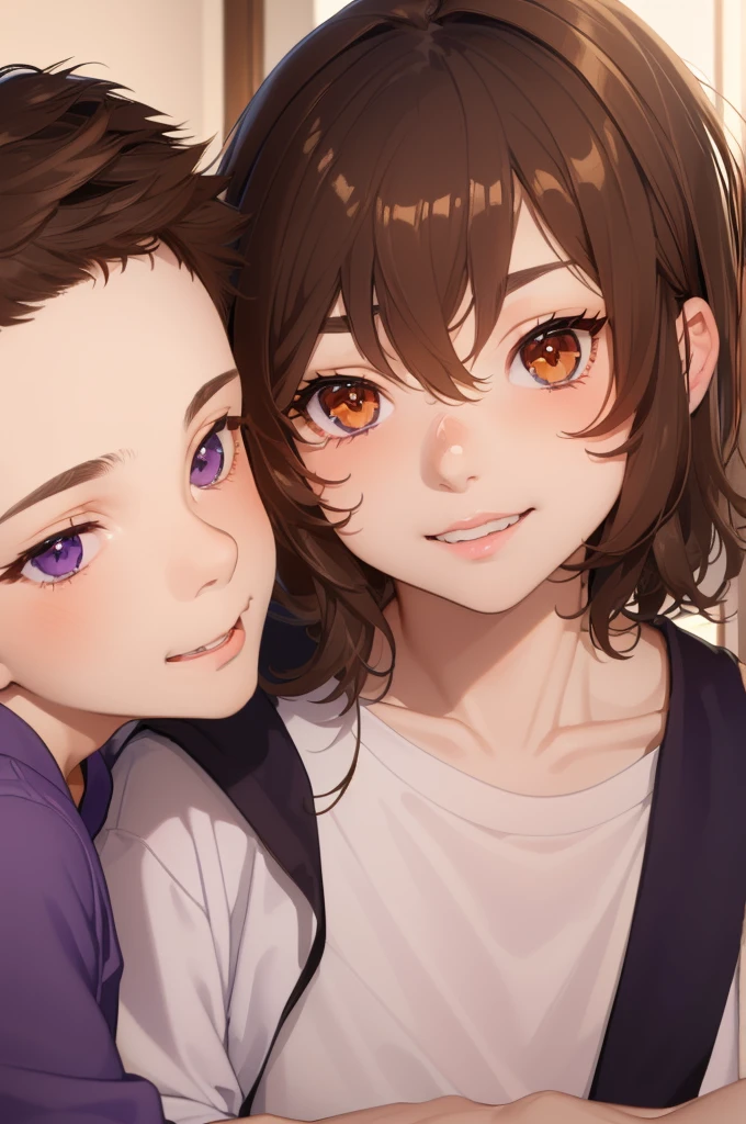 (masterpiece), (Highest quality), Very detailed, ((Boy and girl intimate:1.5)), Perfect Face, Beautiful Face, Very detailedな顔,blushing, (brown-haired girl short messy hair violet eyes:1.3),(brown-haired boy messy hair amber eyes:1.3)、T-Shirts、smile, fox ears, holding each other