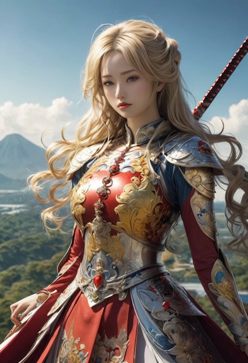 a princess with red and gold sumai armor, shougan armor, holding a long katana, glassy yellow eyes, blonde long hair, fighting with many monsters, epic, landscape view