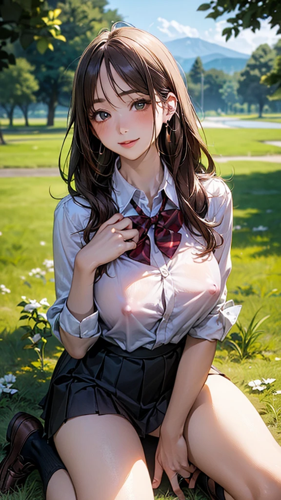 (masterpiece:1.2, top-quality), (realistic, photorealistic:1.4), beautiful illustration, (natural side lighting, movie lighting), 
looking at viewer, cowboy shot, front view:0.6, 1 girl, japanese, high school girl, perfect face, cute and symmetrical face, shiny skin, 
(long hair:1.8, straight hair:1.7, light brown hair), parted bangs, emerald green eyes, long eye lasher, (large breasts:0.9, thick thighs), 
beautiful hair, beautiful face, beautiful detailed eyes, beautiful clavicle, beautiful body, beautiful chest, beautiful thigh, beautiful legs, beautiful fingers, 
((, white collared shirts, black pleated mini skirt, black socks, brown loafers, red bow tie)), break, hoop ring earrings, pink panties, dark blue school bag, violet cardigan, break,
(beautiful scenery), evening, riverside, walking, hands on chest, (lovely smile, upper eyes), A masterpiece, top quality, highest definition, 32K, one big dog, one beautiful woman. Platinum blonde, In the grass of a meadow, a girl stands, slightly, legs open. A complete body. Complete hands and legs. Thin waist.

Her face, bright red, flush and shy.
You can see her nipples standing out, even through her shirt. Her breasts are so large that you can see them even through the top of her shirt. （The skirt is shorter than normal, but it is a very short mini-pleated skirt that almost reveals her panties.)The girl has brown hair.


(The skirt is extremely short.)(A woman is on all fours in a grassy field. A woman is carrying a large dog on her back.) A complete body. Perfect hands and legs.

Her face, bright red, flush and shy.
Her large breasts and nipples are standing out, even through the top of her shirt. （The skirt is shorter than normal, but even shorter, so short that you can almost see her panties.)The girl has brown hair.

(The skirt is extremely short.) The girl's hair is brown.