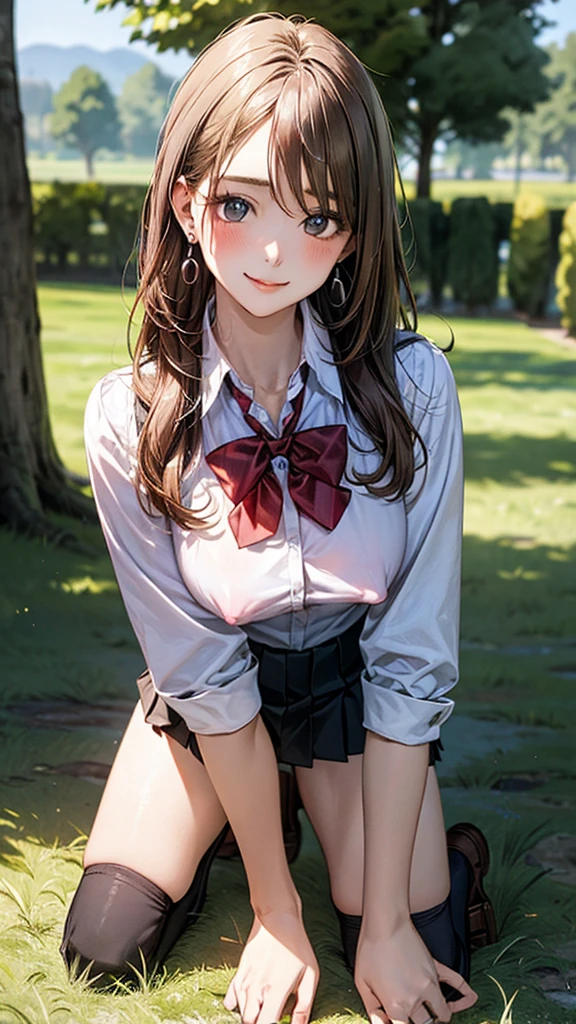 (masterpiece:1.2, top-quality), (realistic, photorealistic:1.4), beautiful illustration, (natural side lighting, movie lighting),
looking at viewer, cowboy shot, front view:0.6, 1 girl, japanese, high school girl, perfect face, cute and symmetrical face, shiny skin,
(long hair:1.8, straight hair:1.7, light brown hair), parted bangs, emerald green eyes, long eye lasher, (large breasts:0.9, thick thighs),
beautiful hair, beautiful face, beautiful detailed eyes, beautiful clavicle, beautiful body, beautiful chest, beautiful thigh, beautiful legs, beautiful fingers,
((, white collared shirts, black pleated mini skirt, black socks, brown loafers, red bow tie)), break, hoop ring earrings, pink panties, dark blue school bag, violet cardigan, break,
(beautiful scenery), evening, riverside, walking, hands on chest, (lovely smile, upper eyes), A masterpiece, top quality, highest definition, 32K, one big dog, one beautiful woman. Platinum blonde, In the grass of a meadow, a girl stands, slightly, legs open. A complete body. Complete hands and legs. Thin waist.
Her face, bright red, flush and shy.
You can see her nipples standing out, even through her shirt. Her breasts are so large that you can see them even through the top of her shirt. (The skirt is shorter than normal, but it is a very short mini-pleated skirt that almost reveals her panties.)The girl has brown hair.
(The skirt is extremely short.)(A woman is on all fours in a grassy field. A woman is carrying a large dog on her back.) A complete body. Perfect hands and legs.
Her face, bright red, flush and shy.
Her large breasts and nipples are standing out, even through the top of her shirt. (The skirt is shorter than normal, but even shorter, so short that you can almost see her panties.)The girl has brown hair.
(The skirt is extremely short.) The girl's hair is brown.