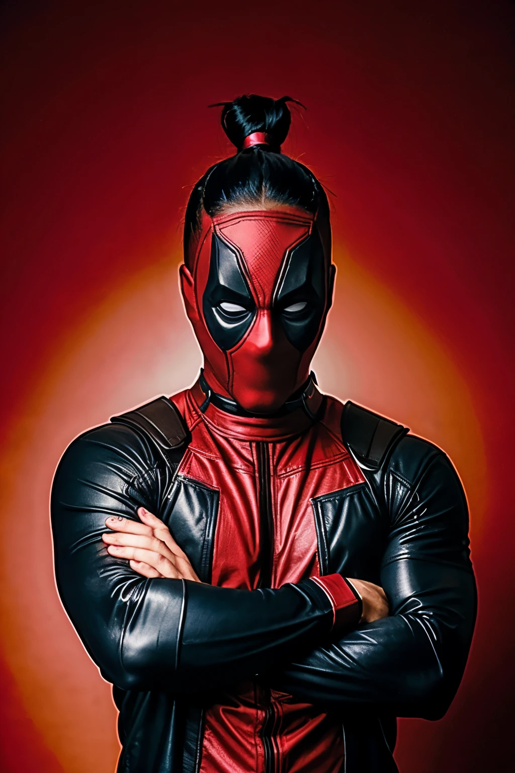 Man dressed in the Deadpool superhero costume, red and black, French, black skin, 21 years old, young, black hair, man bun hairstyle, crossed hands, smiling